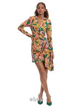 Robe à manches longues à drapé latéral pour femmes, vert jardin/rose corail, taille 4