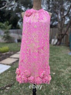 Robe en soie rose et verte Lilly Pulitzer Linda Maria Secret Garden avec des rosettes doublées taille 4