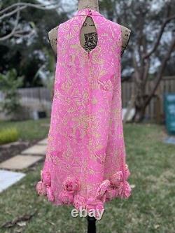 Robe en soie rose et verte Lilly Pulitzer Linda Maria Secret Garden avec des rosettes doublées taille 4