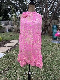 Robe en soie rose et verte Lilly Pulitzer Linda Maria Secret Garden avec des rosettes doublées taille 4