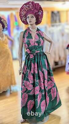 Robe maxi à col halter en tissu africain impressionnant rose et vert Ethel - DPXPGAP