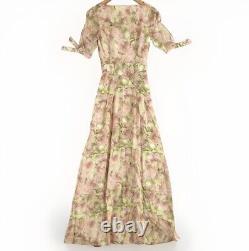 Robe maxi en soie mélangée à encolure bateau, manches ouvertes, fleurs lavées, rose et vert, taille 6, neuve