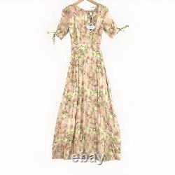 Robe maxi en soie mélangée à encolure bateau, manches ouvertes, fleurs lavées, rose et vert, taille 6, neuve