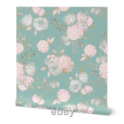 Rouleau de papier peint floral mint, blush, or, rose foncé, vert et bleu sarcelle, 24 pouces x 27 pieds.