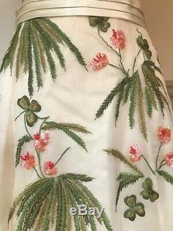 Sue Wong Ivoire / Rose / Vert Soie Robe Sans Bretelles Perlés À La Main Taille 10 Nwt