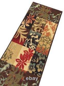 Tapis de couloir sur mesure avec motif floral brun et antidérapant en caoutchouc