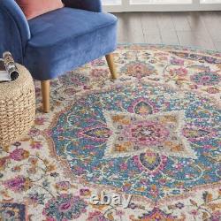 Tapis de sol rond dhurrie rose et vert de 8'