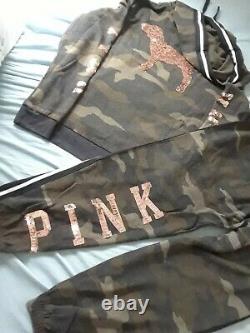 Victoria Secret Pink Gold Bling Camo Full Zip Hoodie + Jogger Green Camo L